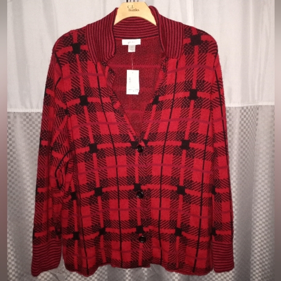 CJ Banks red plaid sweater cardigan